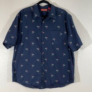 HABANERA CO. Parrots Print Short Sleeve Button Front Shirt Navy Blue Size XL